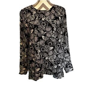 J. Jill Black White Floral Print Long Sleeve Tunic Top Medium Tiered Hem
